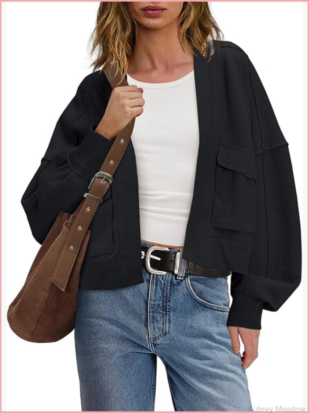 Oversized Cropped Long Sleeve Open Front Sweatshirt Cardigan